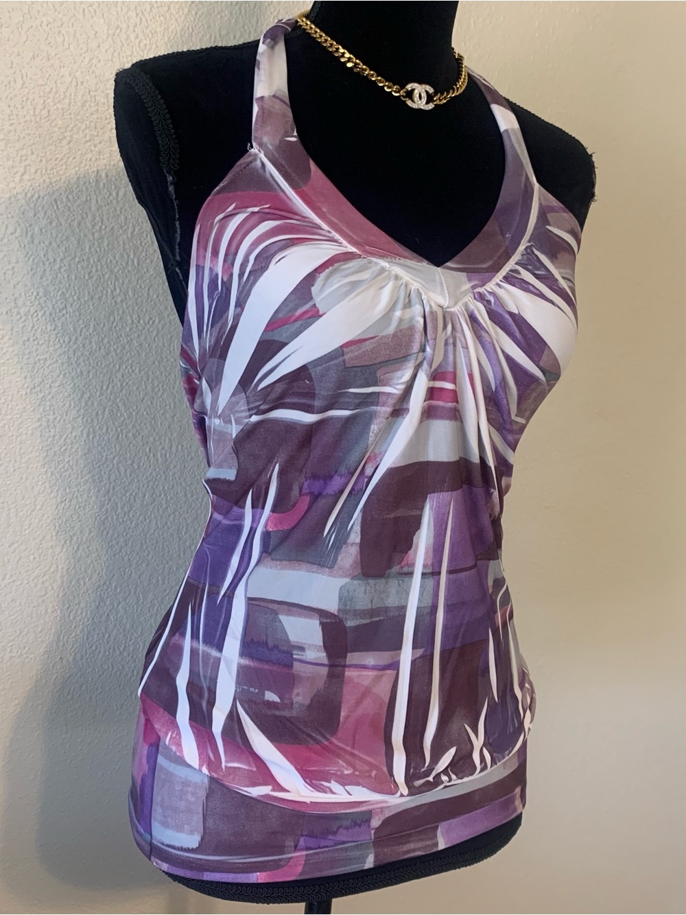 NICHOLAS Purple & White Abstract Halter Tank Top